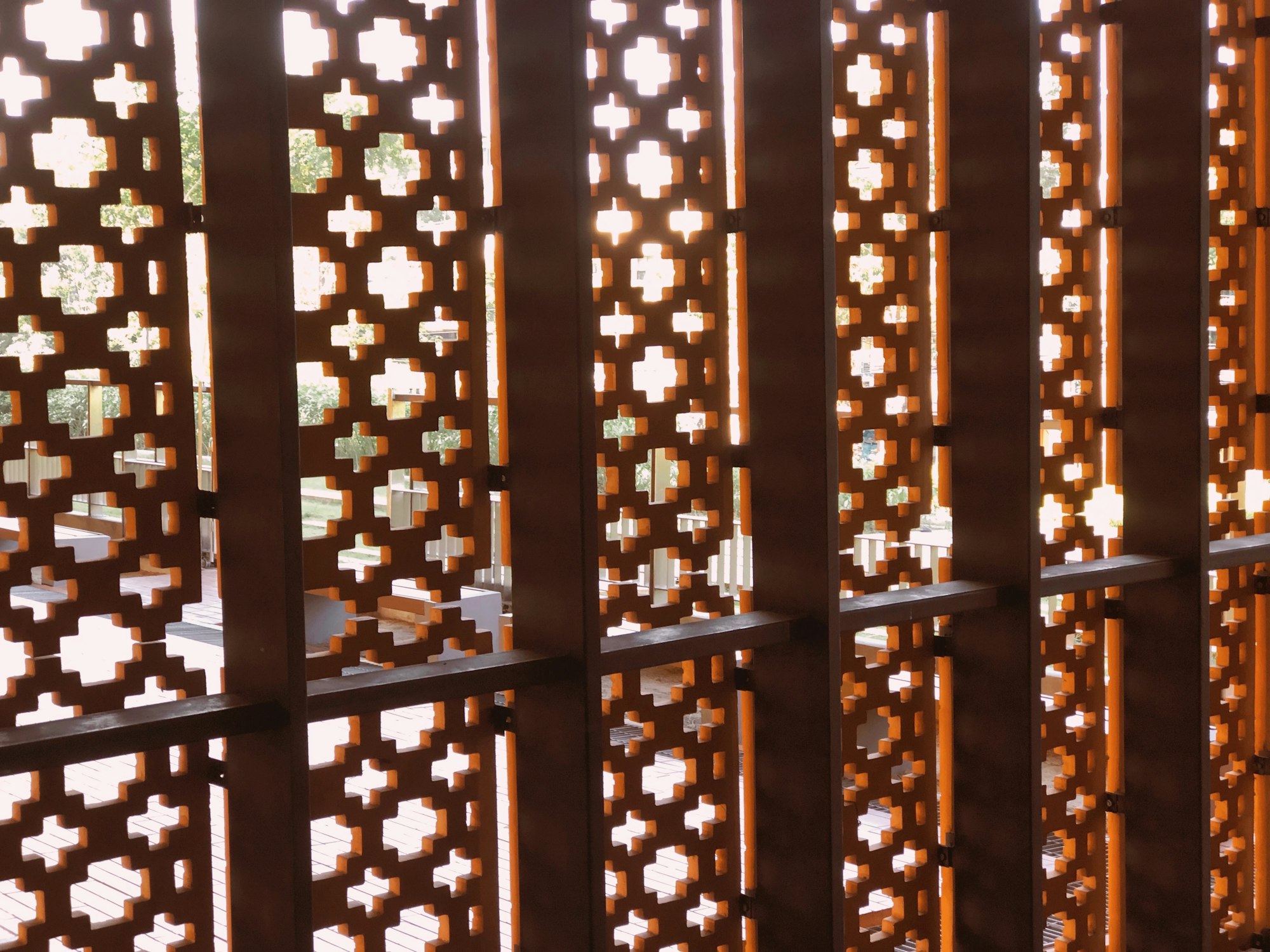 Looking out the brick facade